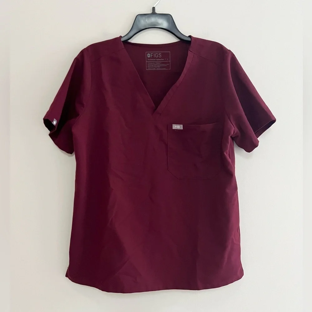 FIGS Women's Catarina One-Pocket Scrub Top in Burgundy (PO#: 1777), size Large